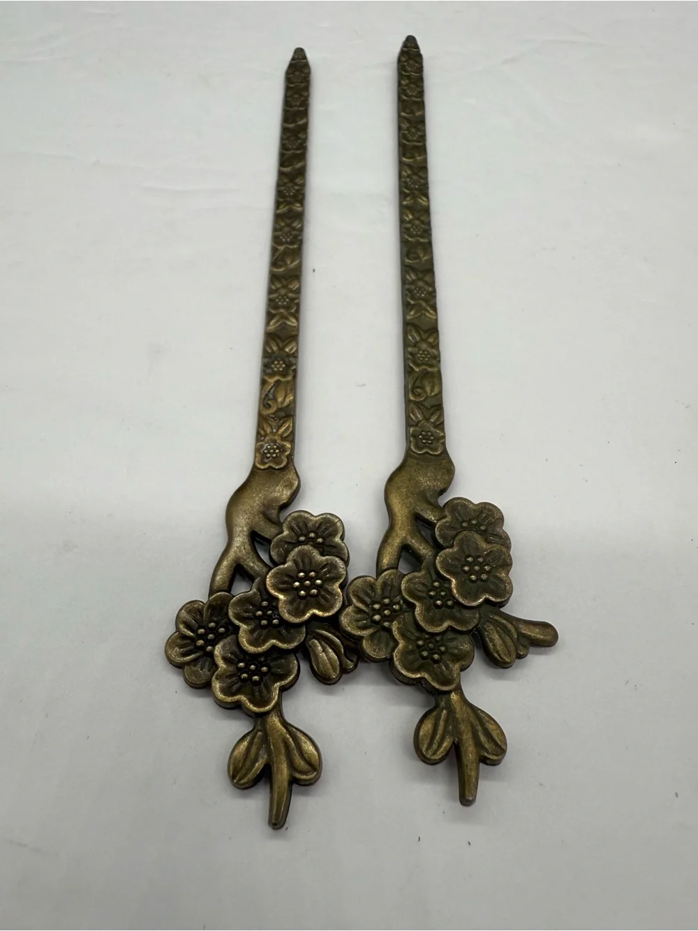 Antique Brass Floral Metal Hair Sticks Ornate Kanzashi Pair